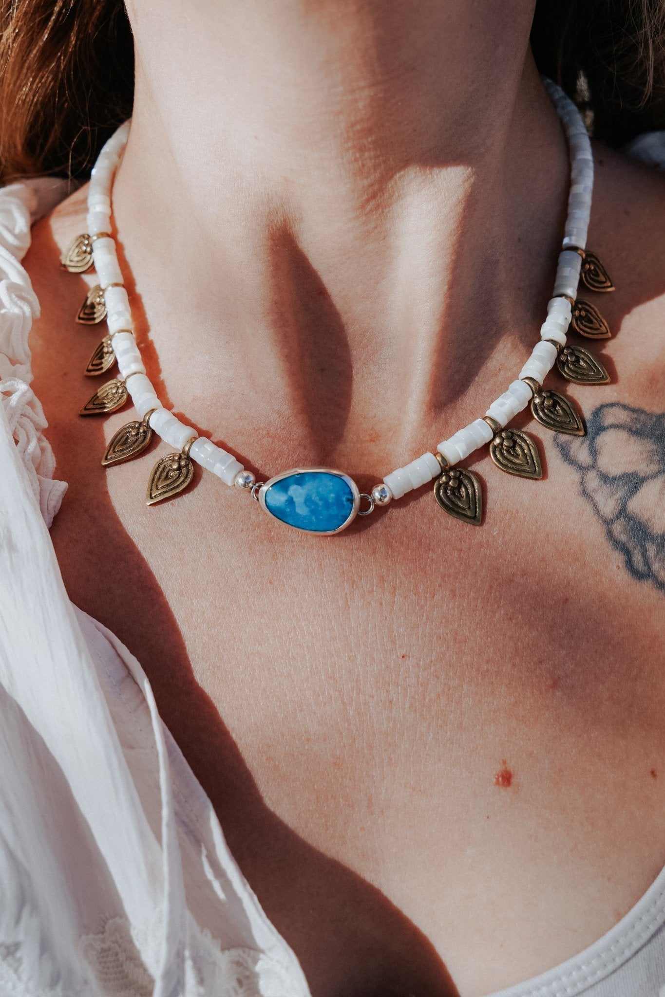 Necklace in Royston Turquoise w/ AAA Mother of Pearl + Turquoise Beads + Bronze Accents - Golden Road Crafted