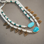 Necklace in Royston Turquoise w/ AAA Mother of Pearl + Turquoise Beads + Bronze Accents - Golden Road Crafted