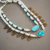 Necklace in Royston Turquoise w/ AAA Mother of Pearl + Turquoise Beads + Bronze Accents - Golden Road Crafted