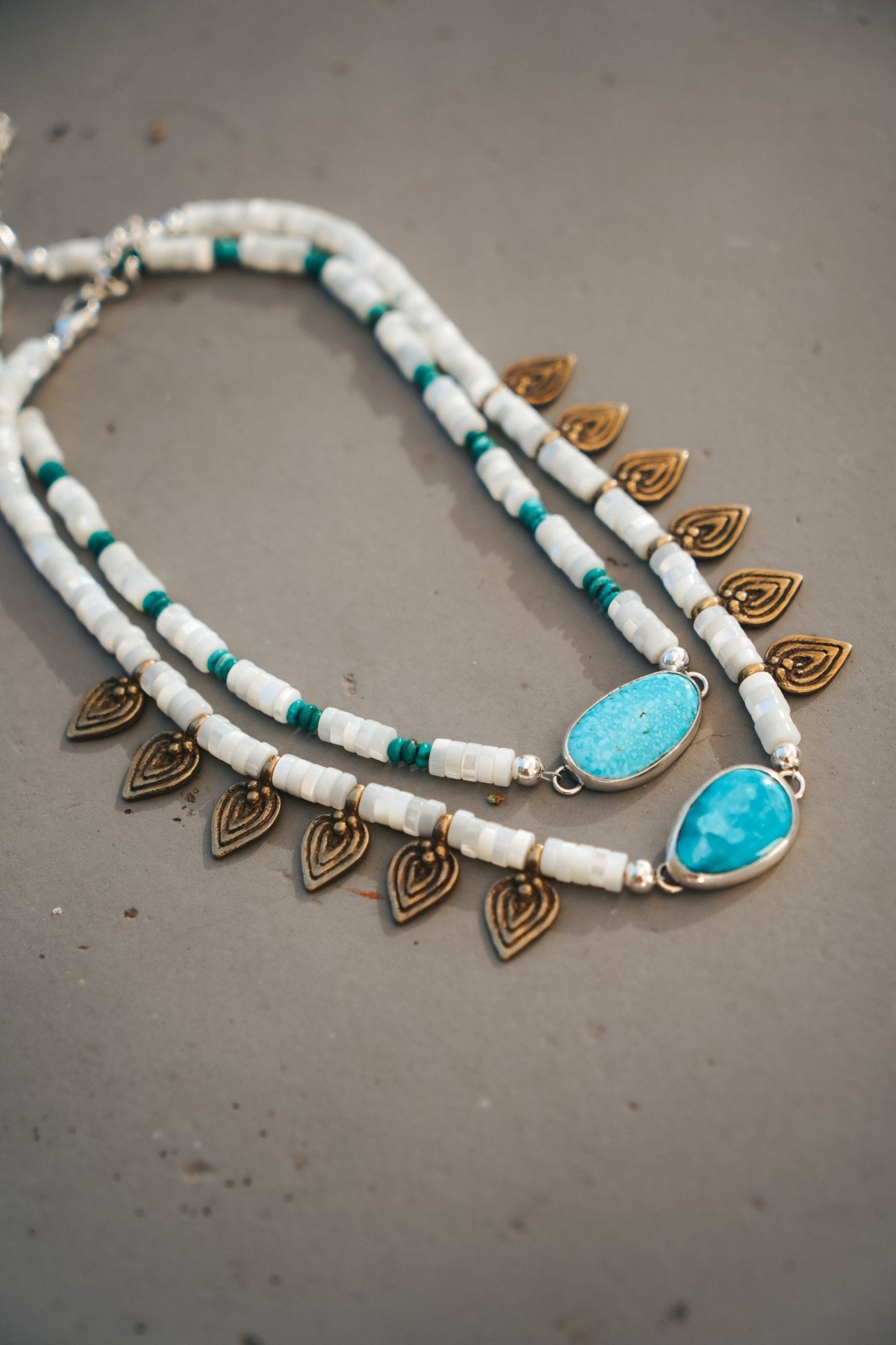 Necklace in Royston Turquoise w/ AAA Mother of Pearl + Turquoise Beads + Bronze Accents - Golden Road Crafted