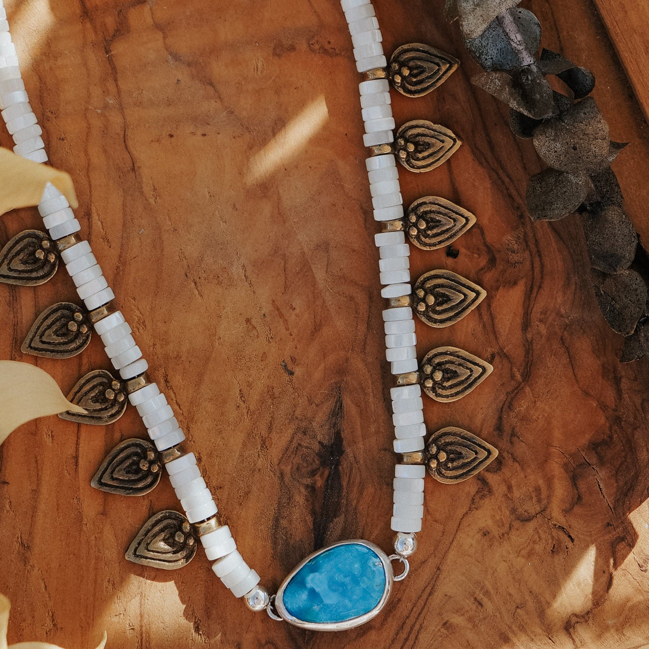 Necklace in Royston Turquoise w/ AAA Mother of Pearl + Turquoise Beads + Bronze Accents - Golden Road Crafted