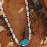 Necklace in Royston Turquoise w/ AAA Mother of Pearl + Turquoise Beads + Bronze Accents - Golden Road Crafted
