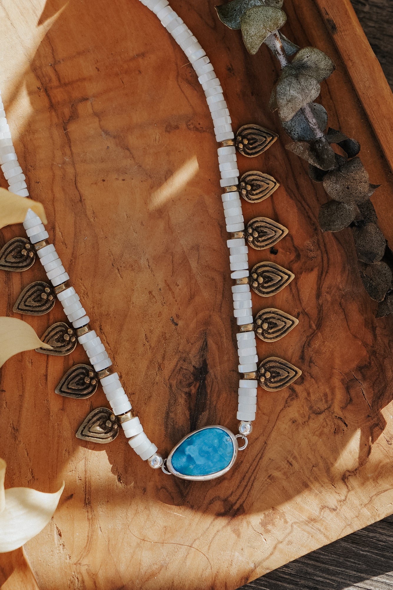 Necklace in Royston Turquoise w/ AAA Mother of Pearl + Turquoise Beads + Bronze Accents - Golden Road Crafted
