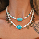 Necklace in Royston Turquoise w/ AAA Mother of Pearl + Turquoise Beads + Bronze Accents - Golden Road Crafted