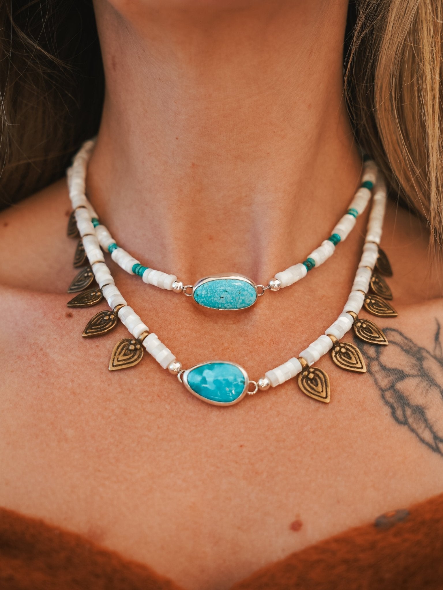 Necklace in Royston Turquoise w/ AAA Mother of Pearl + Turquoise Beads + Bronze Accents - Golden Road Crafted