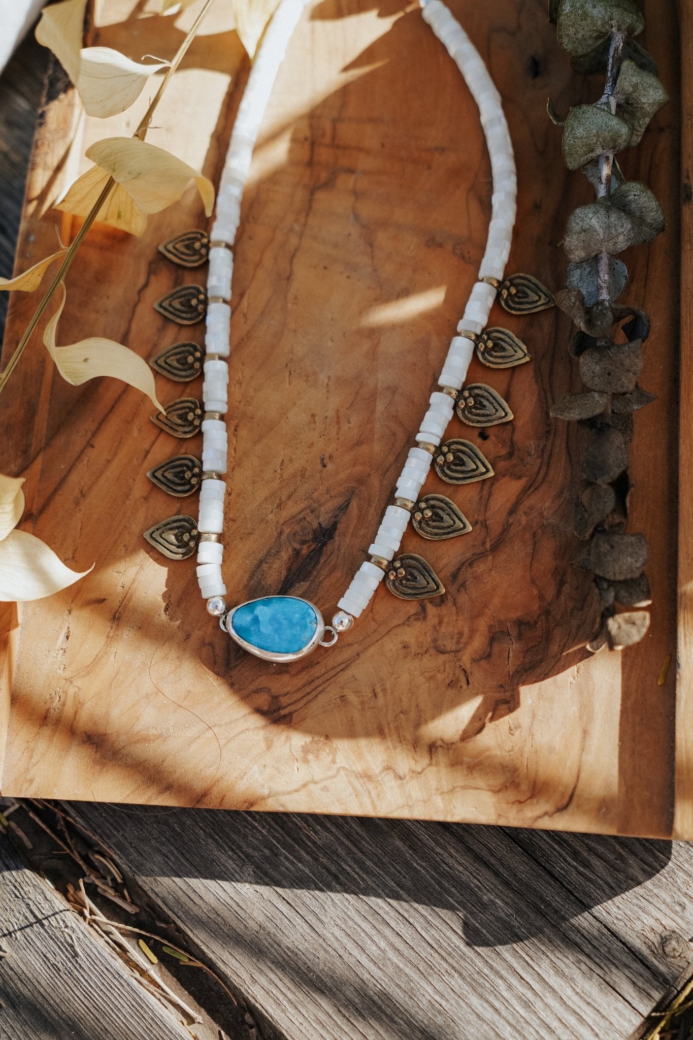 Necklace in Royston Turquoise w/ AAA Mother of Pearl + Turquoise Beads + Bronze Accents - Golden Road Crafted