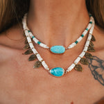 Necklace in Royston Turquoise w/ AAA Mother of Pearl + Turquoise Beads + Bronze Accents - Golden Road Crafted
