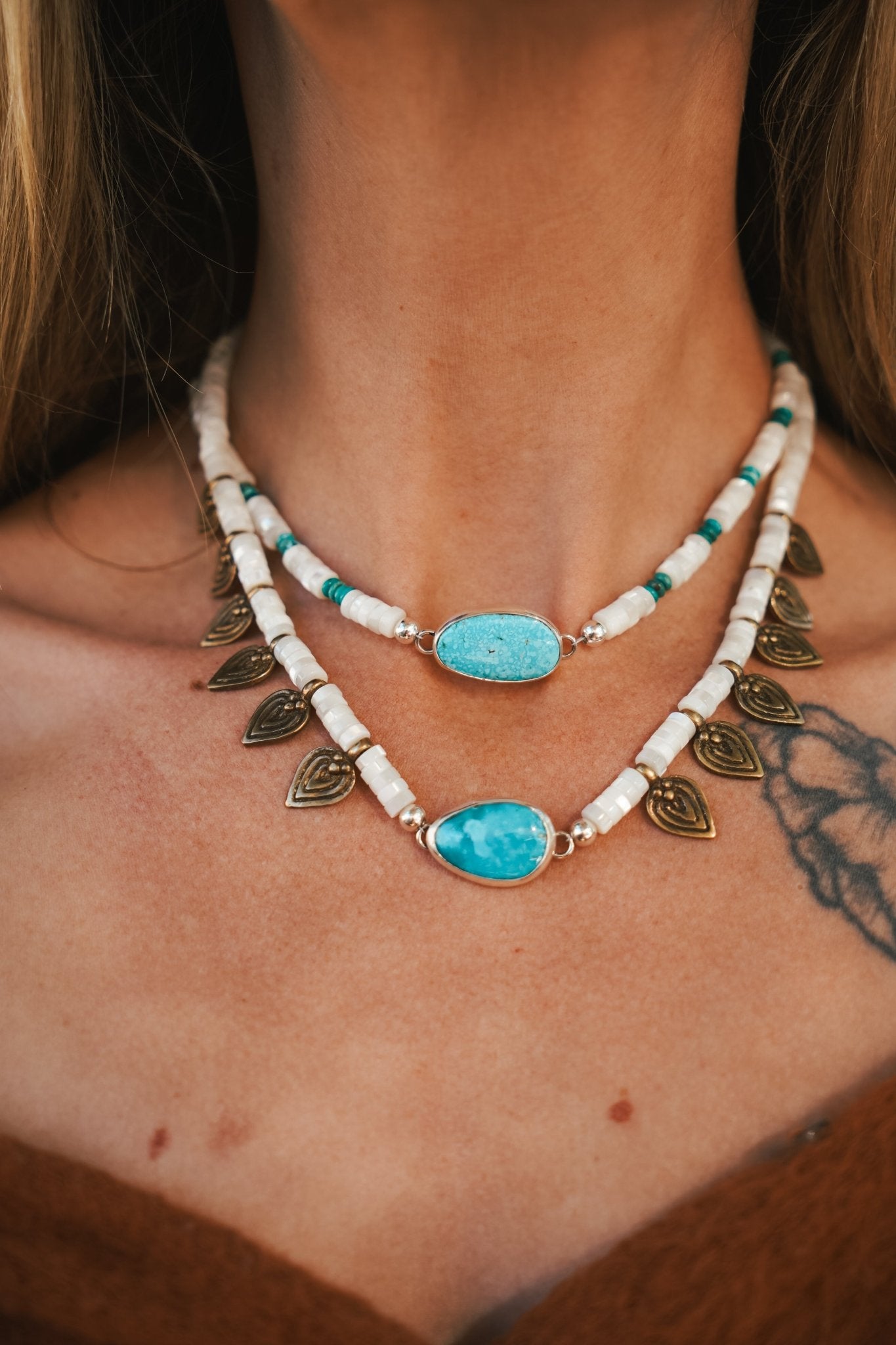 Necklace in Royston Turquoise w/ AAA Mother of Pearl + Turquoise Beads + Bronze Accents - Golden Road Crafted