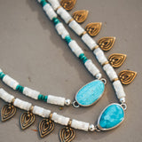 Necklace in Royston Turquoise w/ AAA Mother of Pearl + Turquoise Beads + Bronze Accents - Golden Road Crafted