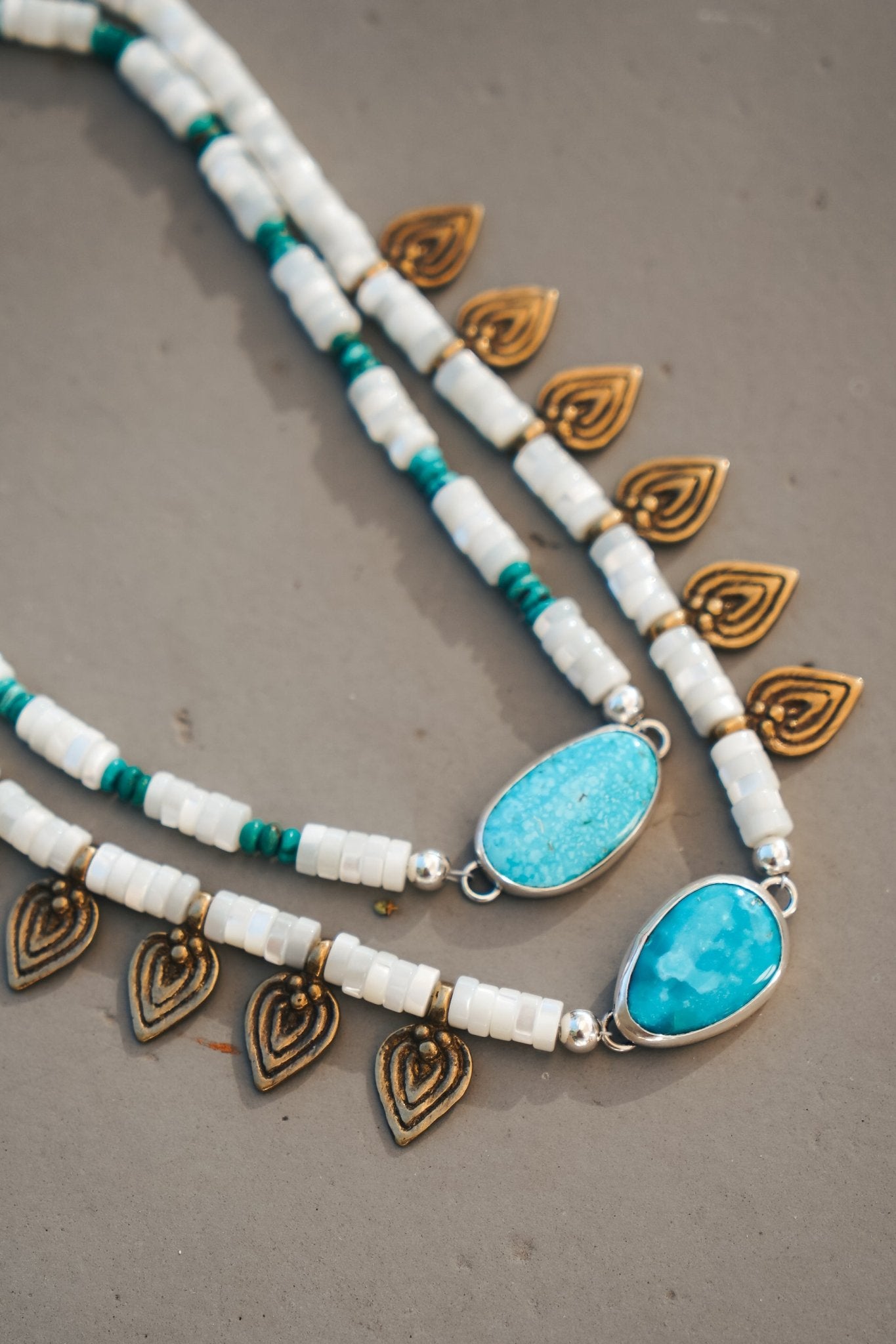 Necklace in Royston Turquoise w/ AAA Mother of Pearl + Turquoise Beads + Bronze Accents - Golden Road Crafted