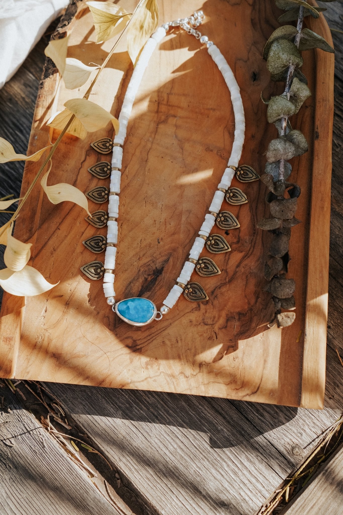 Necklace in Royston Turquoise w/ AAA Mother of Pearl + Turquoise Beads + Bronze Accents - Golden Road Crafted