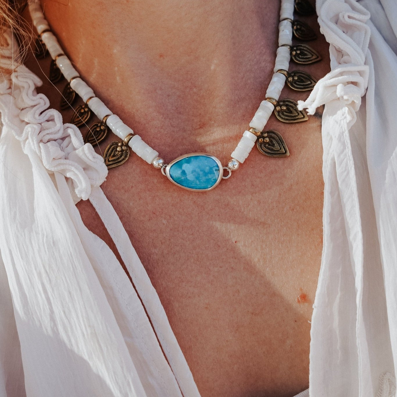 Necklace in Royston Turquoise w/ AAA Mother of Pearl + Turquoise Beads + Bronze Accents - Golden Road Crafted