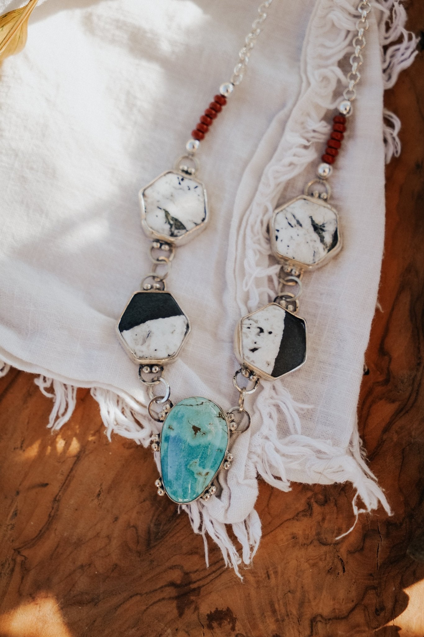 Necklace in Royston Turquoise, White Buffalo, & Red Jasper Beads - Golden Road Crafted
