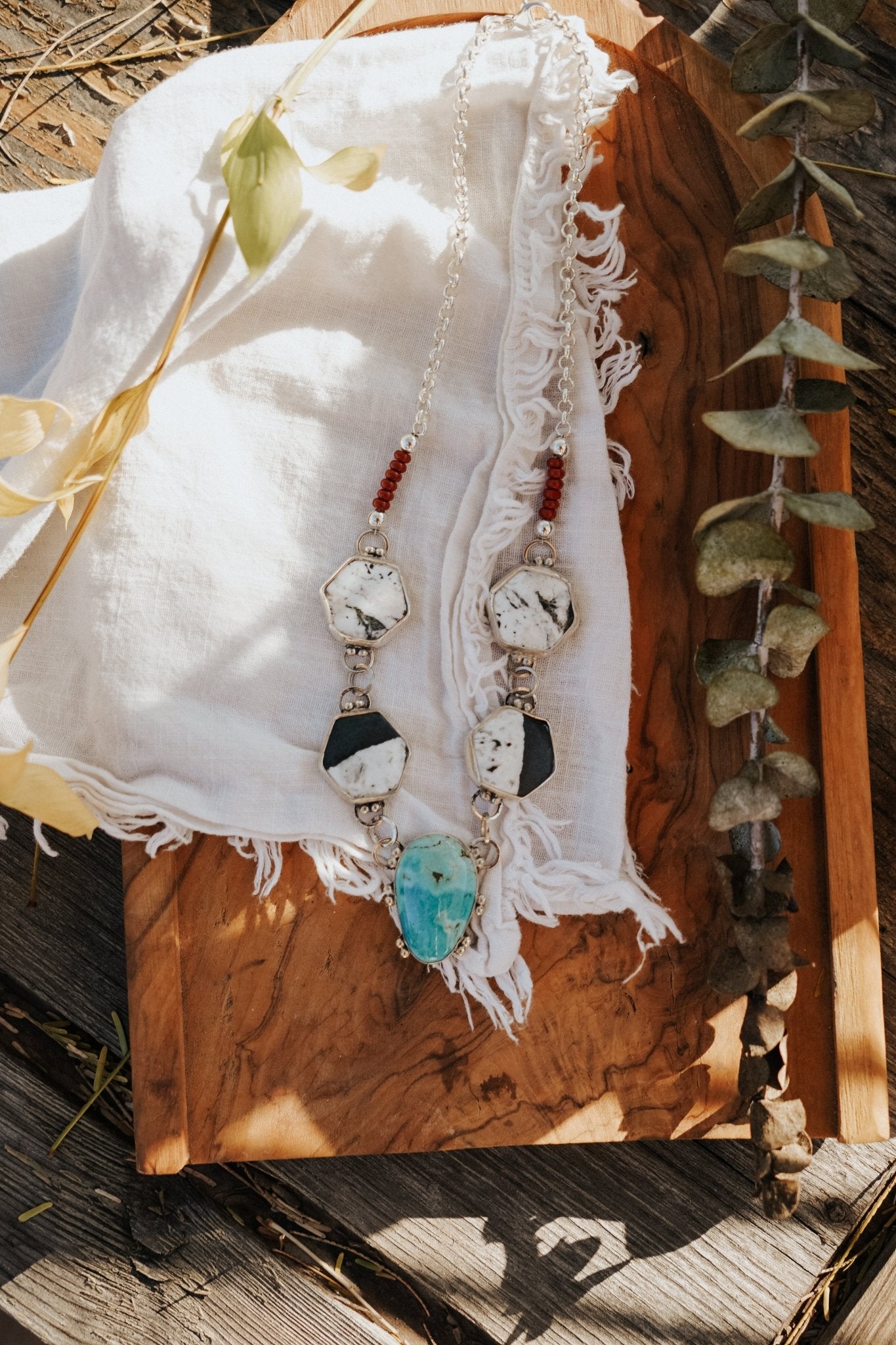 Necklace in Royston Turquoise, White Buffalo, & Red Jasper Beads - Golden Road Crafted