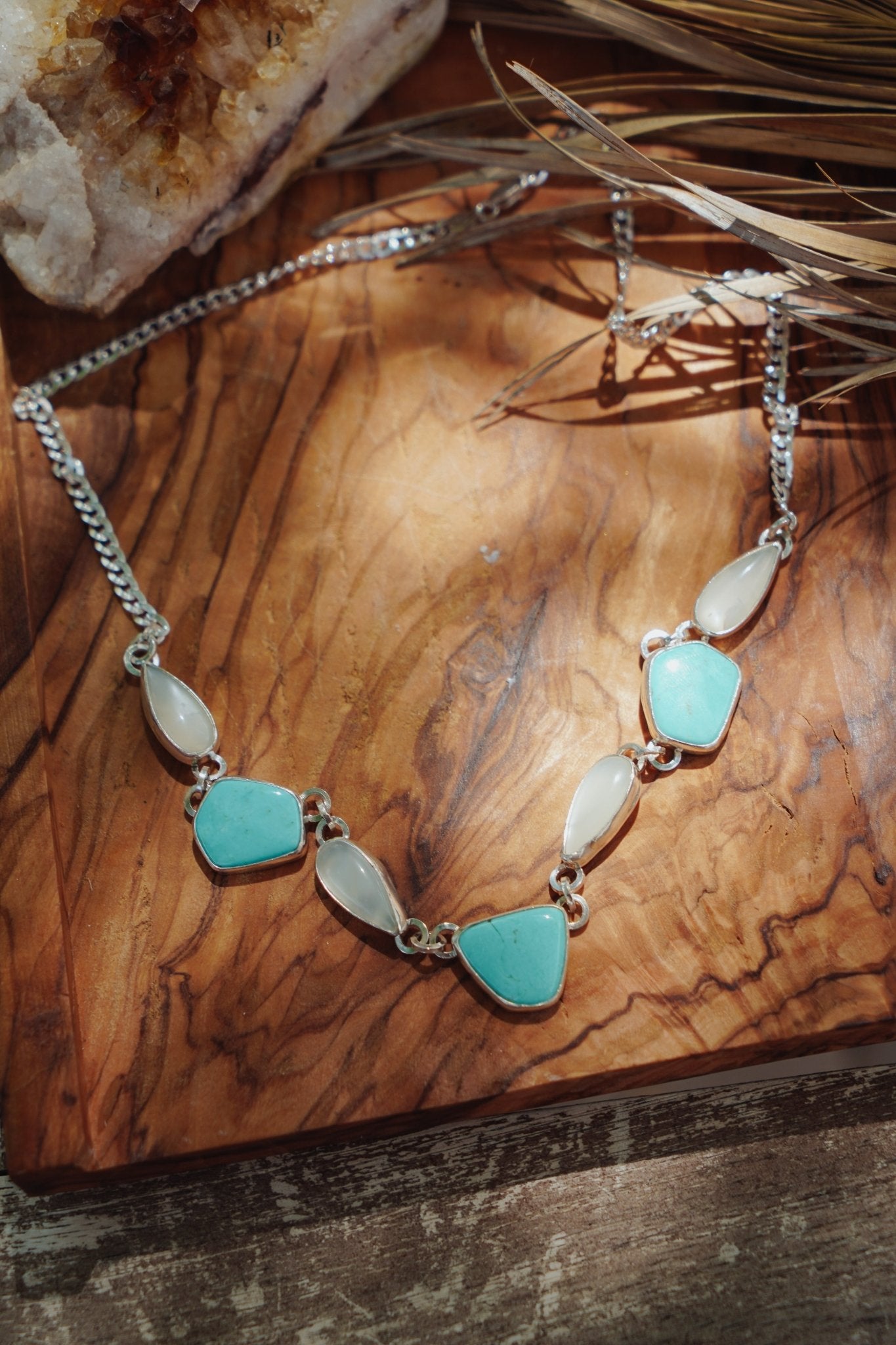 Necklace in Tyrone Turquoise & Moonstone - Golden Road Crafted