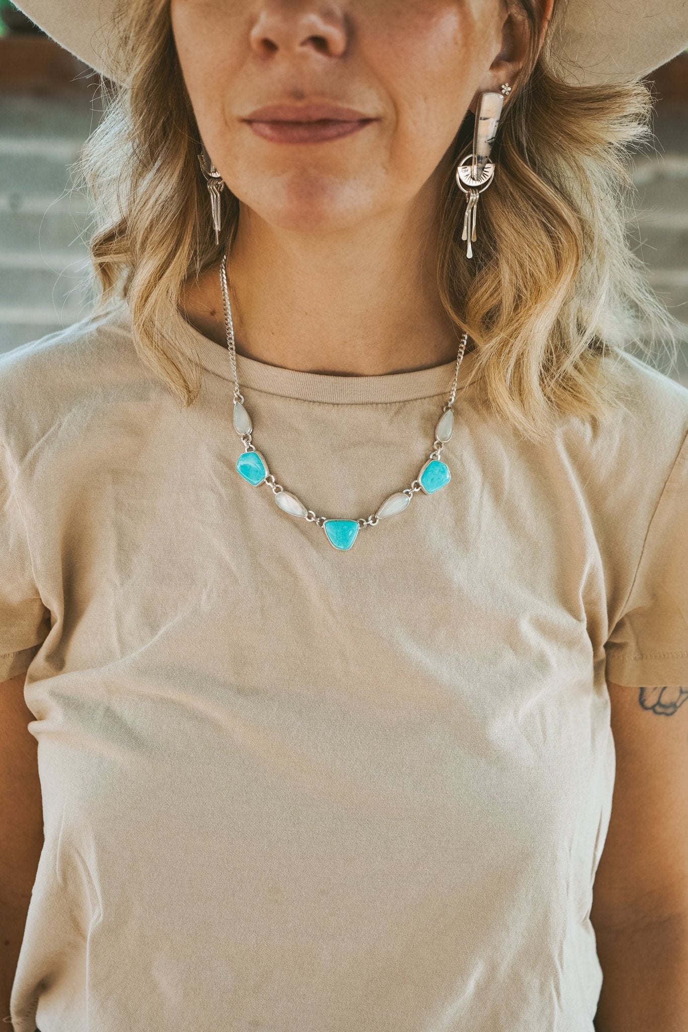 Necklace in Tyrone Turquoise & Moonstone - Golden Road Crafted