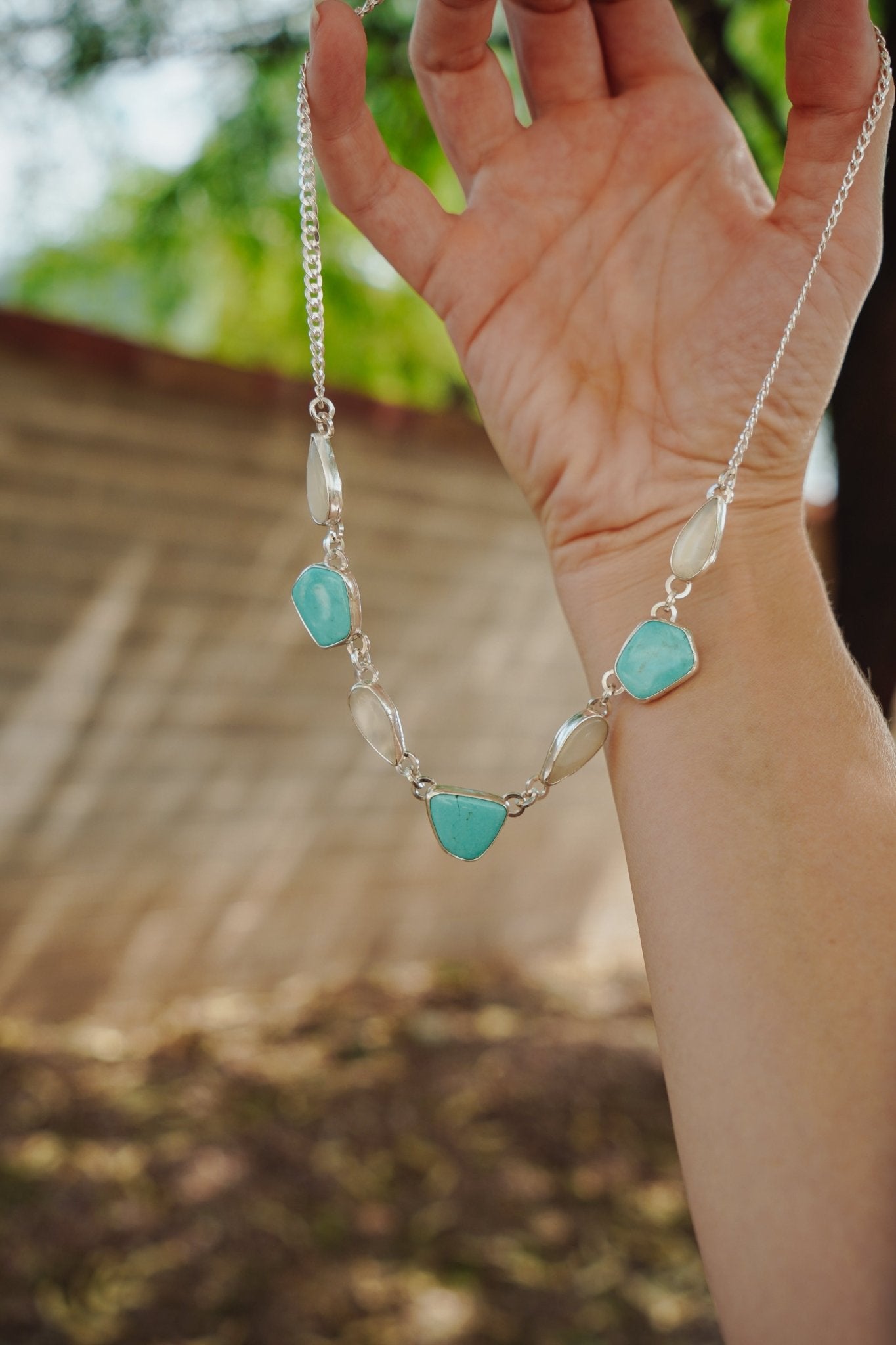 Necklace in Tyrone Turquoise & Moonstone - Golden Road Crafted