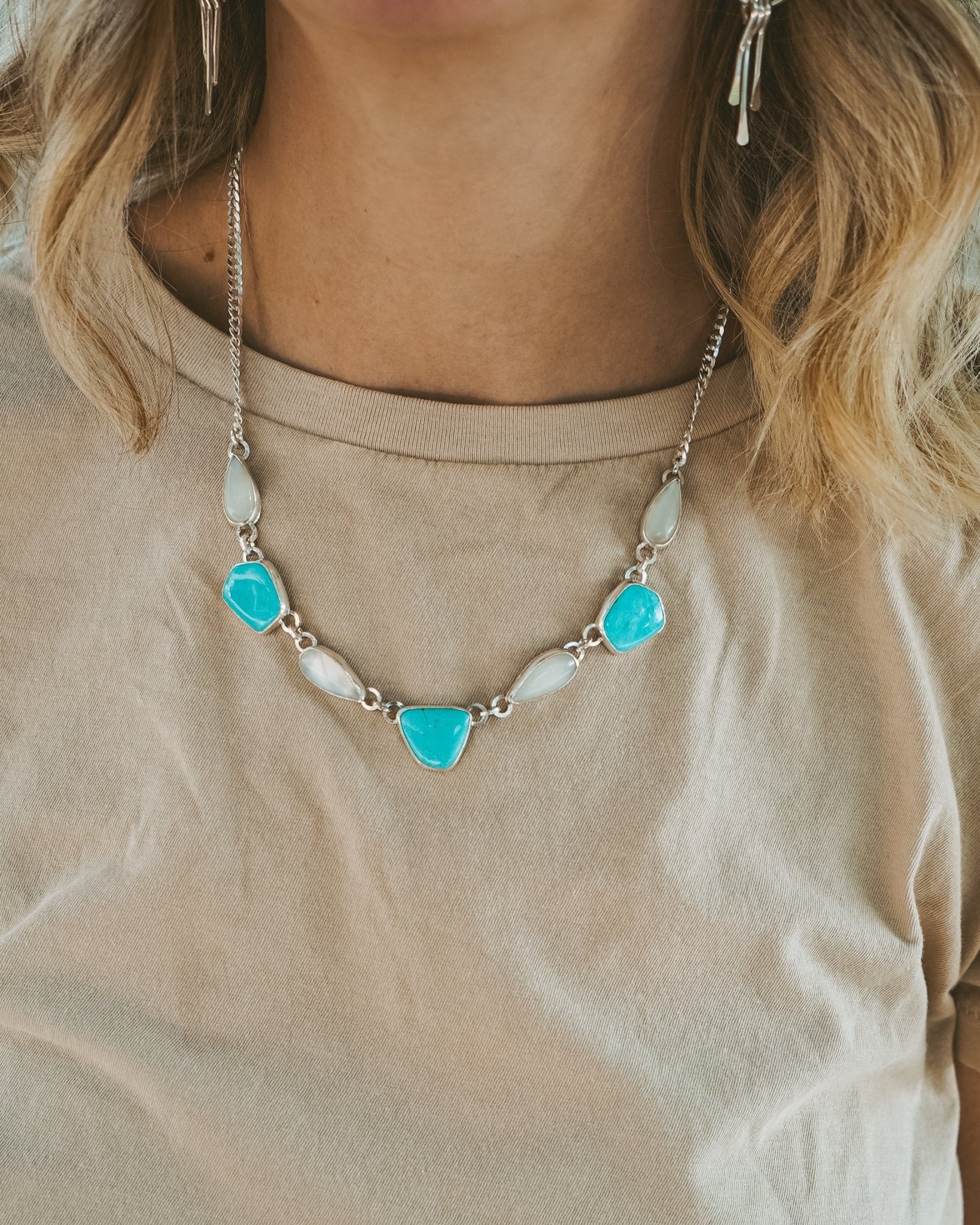 Necklace in Tyrone Turquoise & Moonstone - Golden Road Crafted