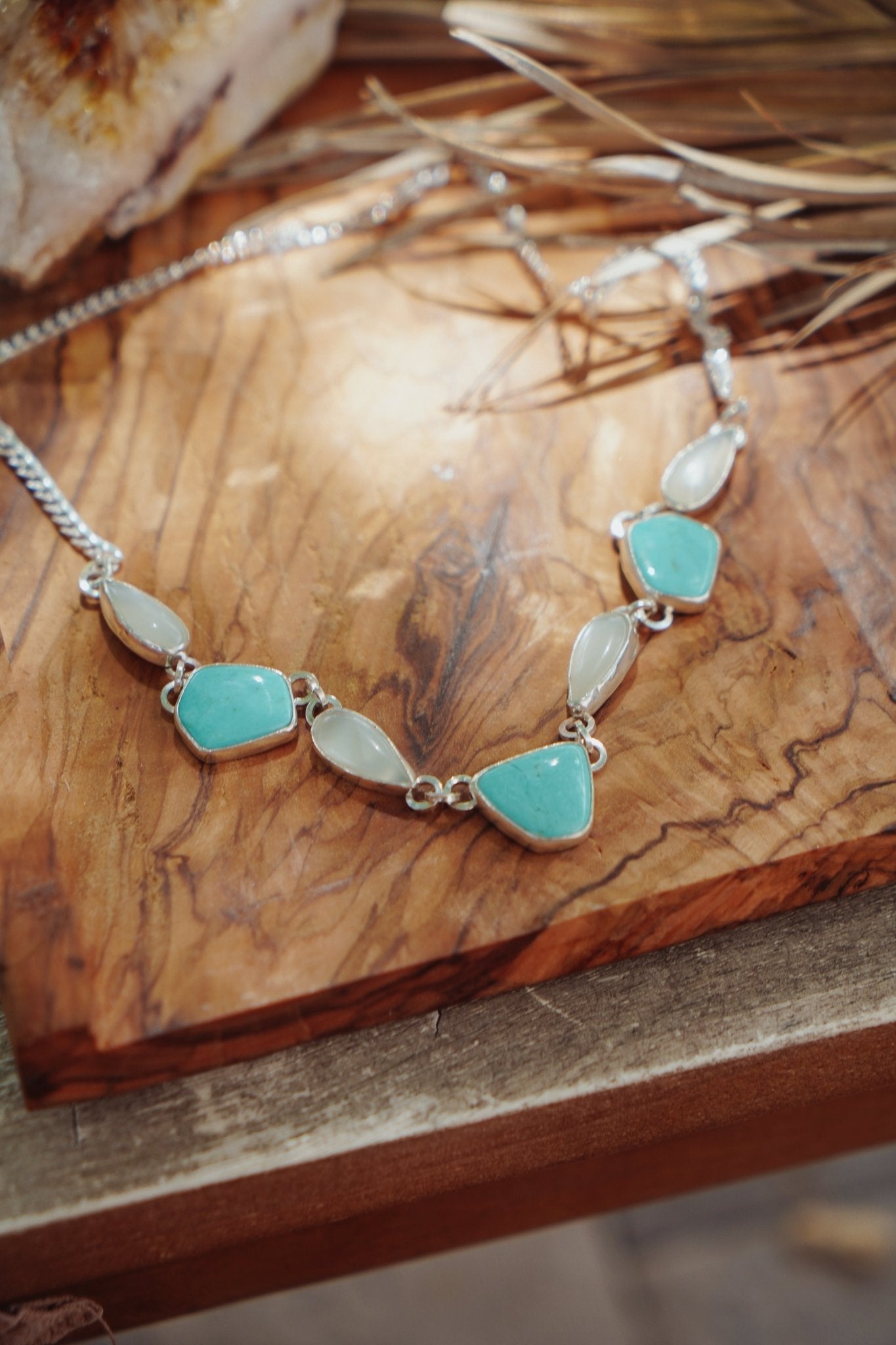 Necklace in Tyrone Turquoise & Moonstone - Golden Road Crafted