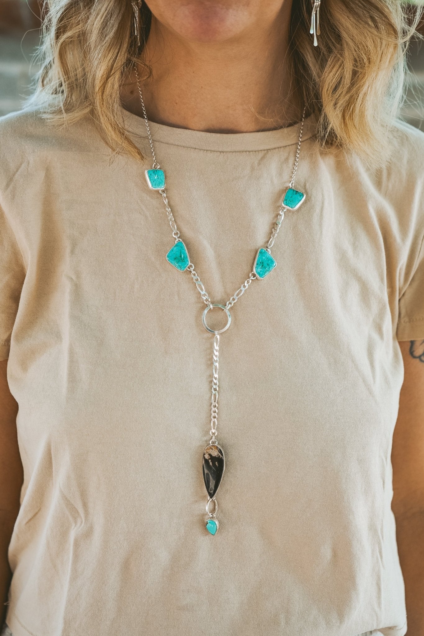Necklace in Tyrone Turquoise with Petrified Wood - Golden Road Crafted