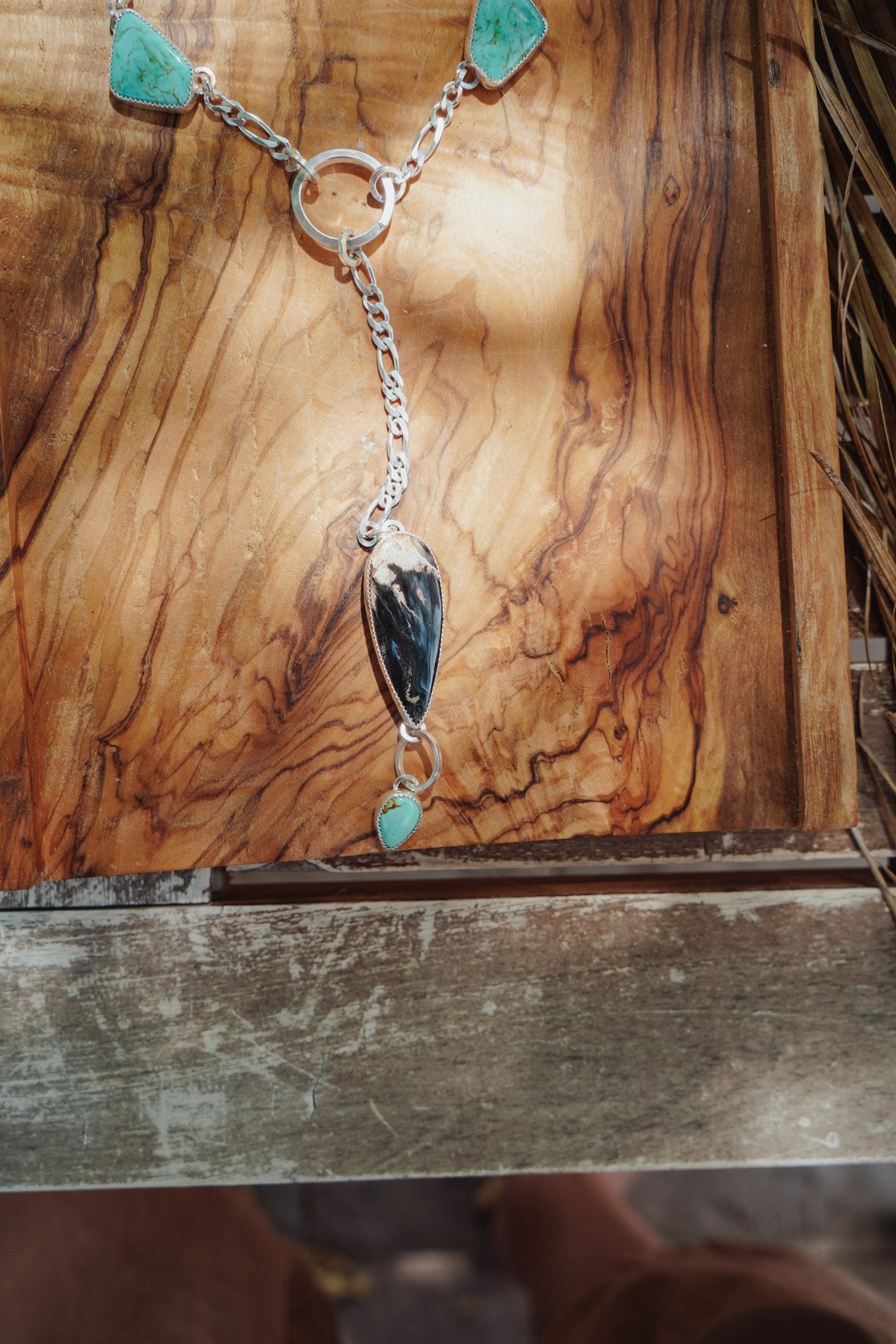 Necklace in Tyrone Turquoise with Petrified Wood - Golden Road Crafted