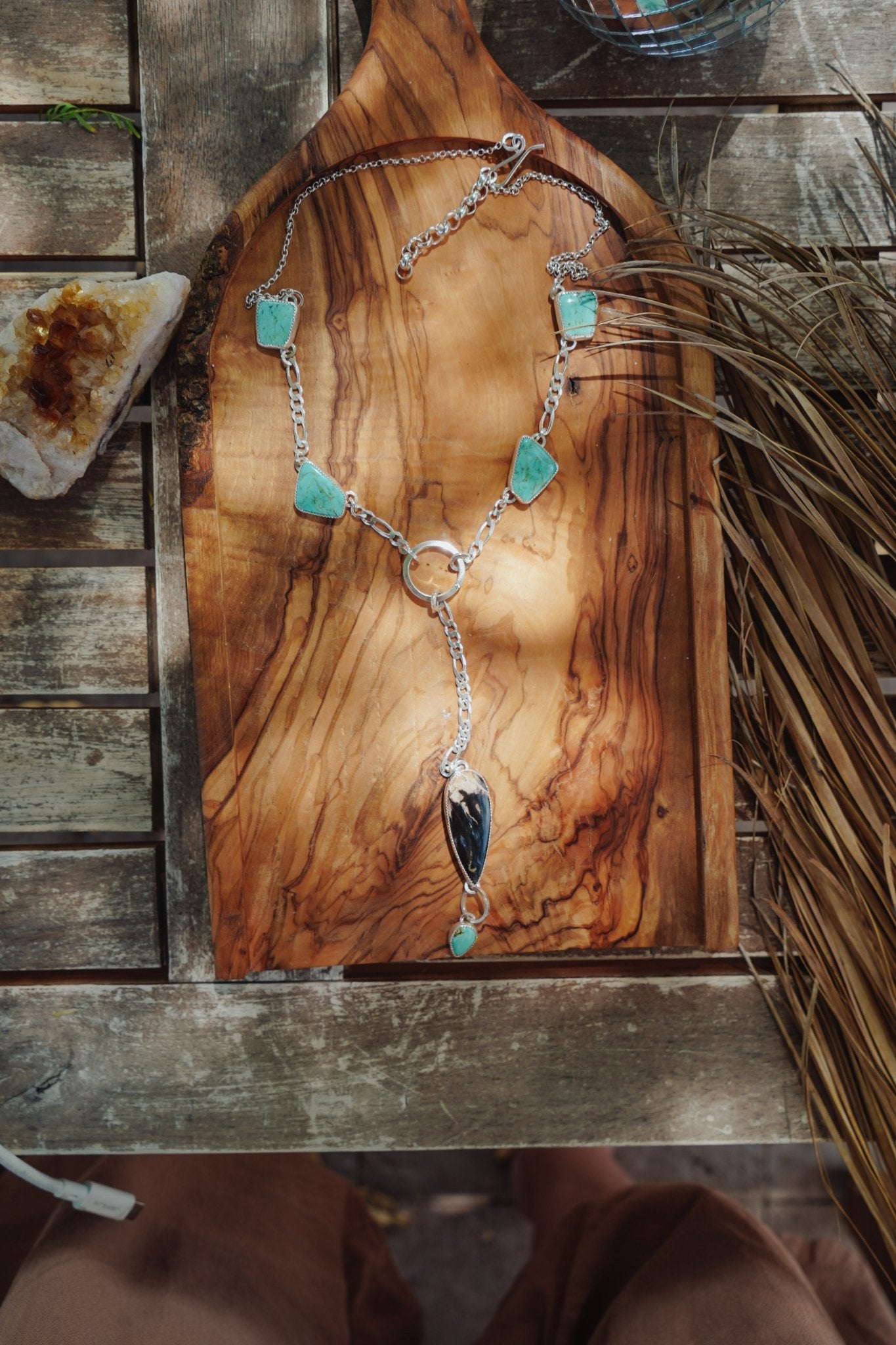Necklace in Tyrone Turquoise with Petrified Wood - Golden Road Crafted