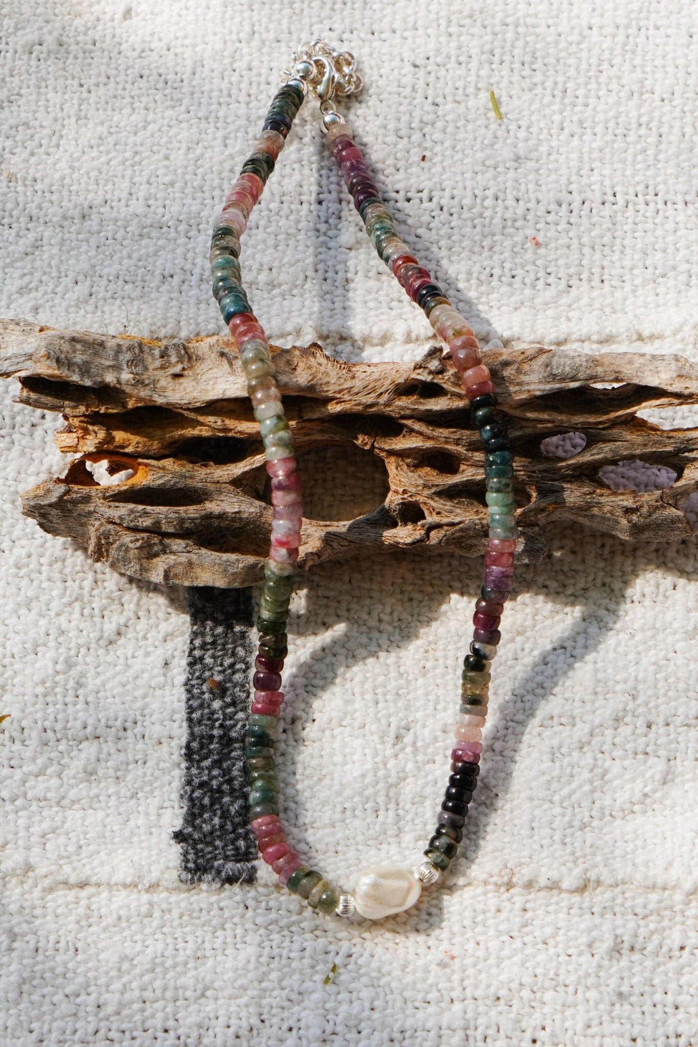 Necklace with Natural Tourmaline + Sterling & Pearl - Golden Road Crafted