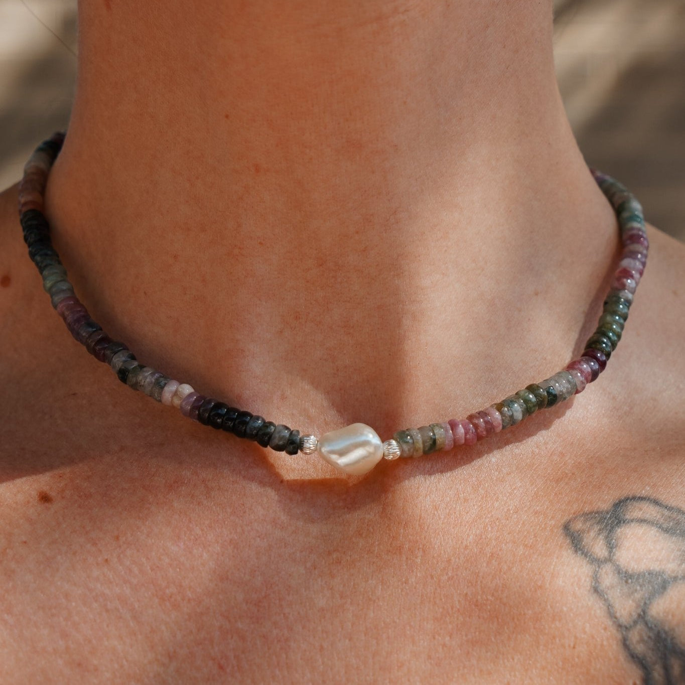 Necklace with Natural Tourmaline + Sterling & Pearl - Golden Road Crafted
