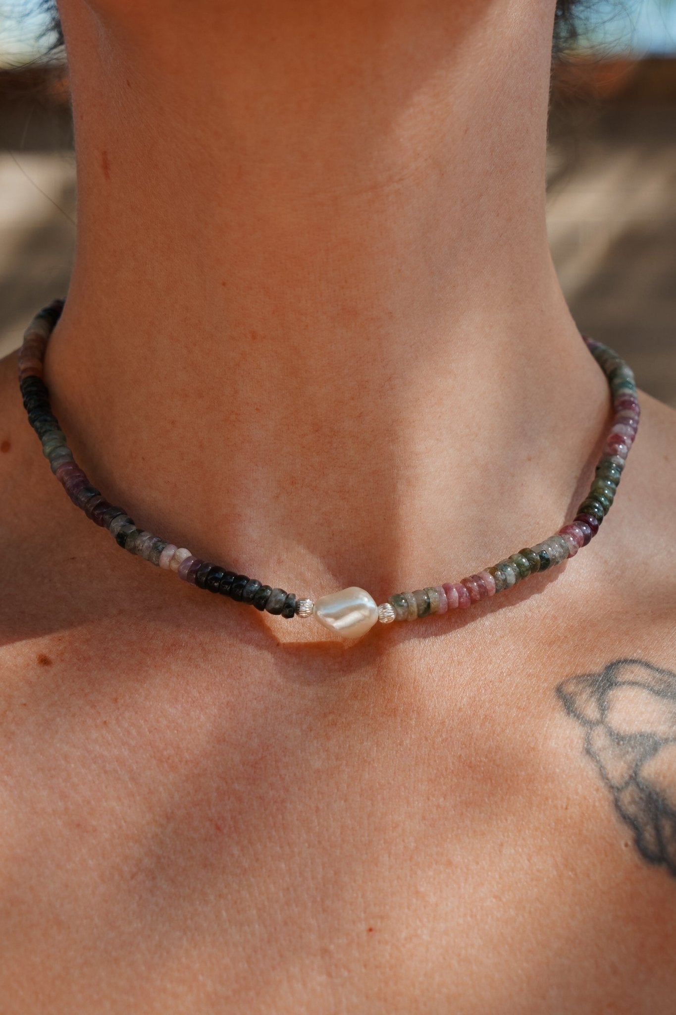 Necklace with Natural Tourmaline + Sterling & Pearl - Golden Road Crafted
