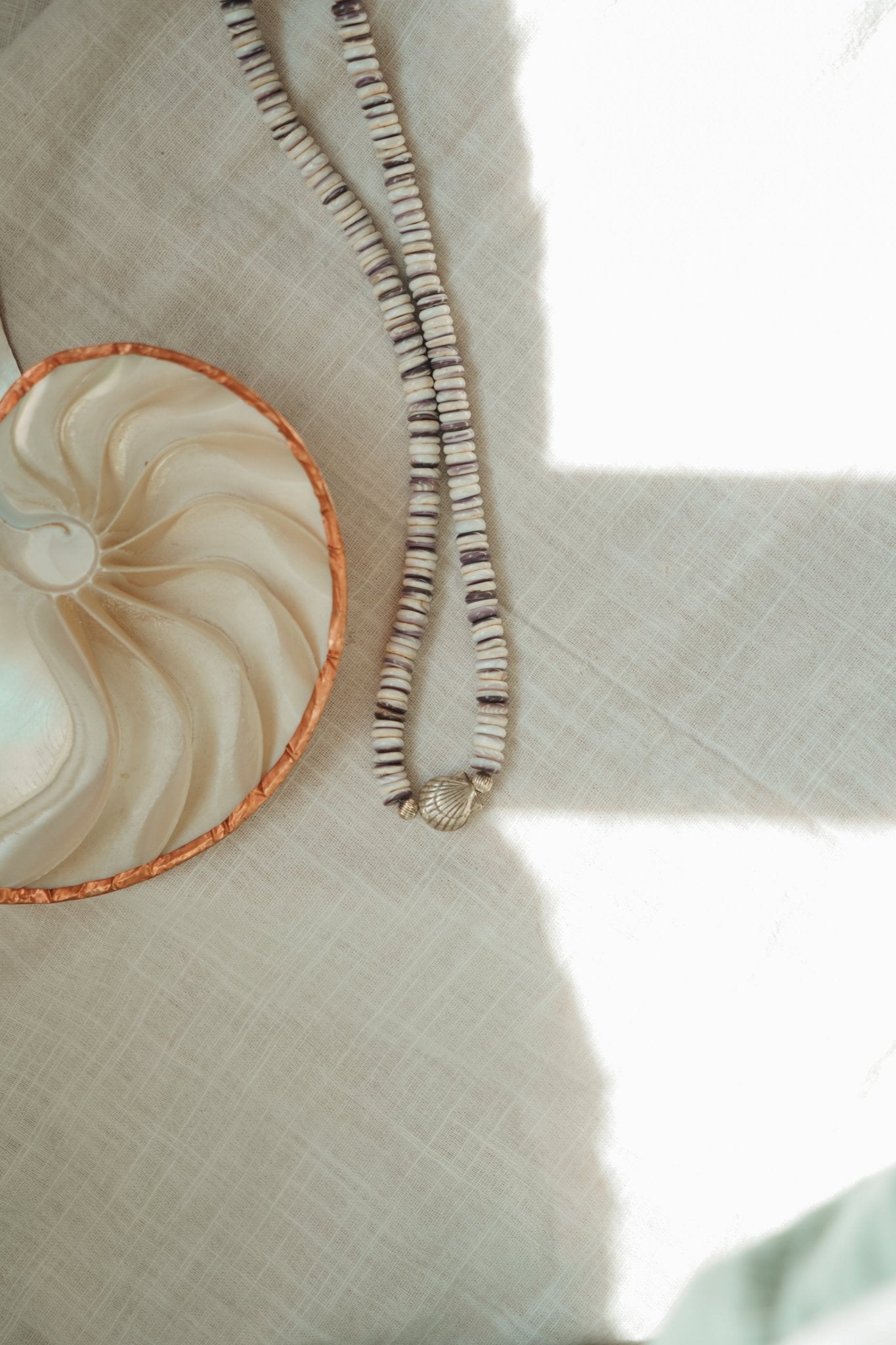 Ocean Dream Necklace in Sterling Shell Center Bead with Wampum - Golden Road Crafted