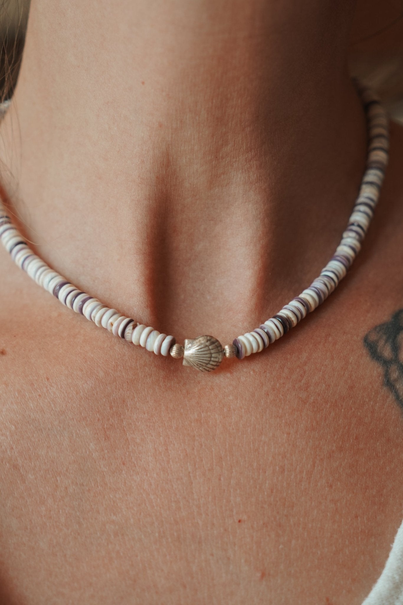 Ocean Dream Necklace in Sterling Shell Center Bead with Wampum - Golden Road Crafted