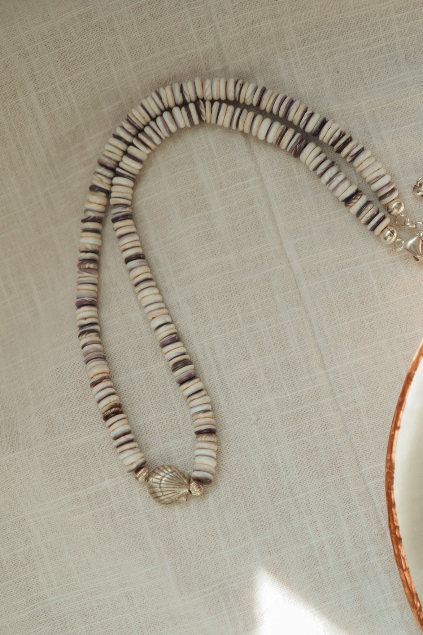 Ocean Dream Necklace in Sterling Shell Center Bead with Wampum - Golden Road Crafted