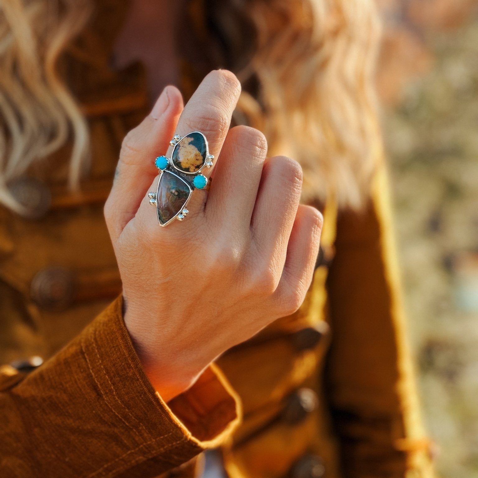Ocean Jasper & Lone Mtn Turquoise Ring (Size 7.75) - Golden Road Crafted