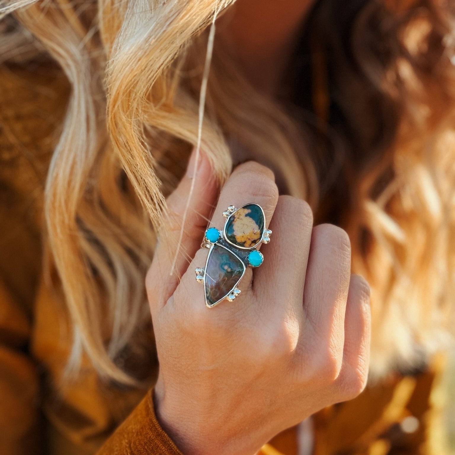 Ocean Jasper & Lone Mtn Turquoise Ring (Size 7.75) - Golden Road Crafted