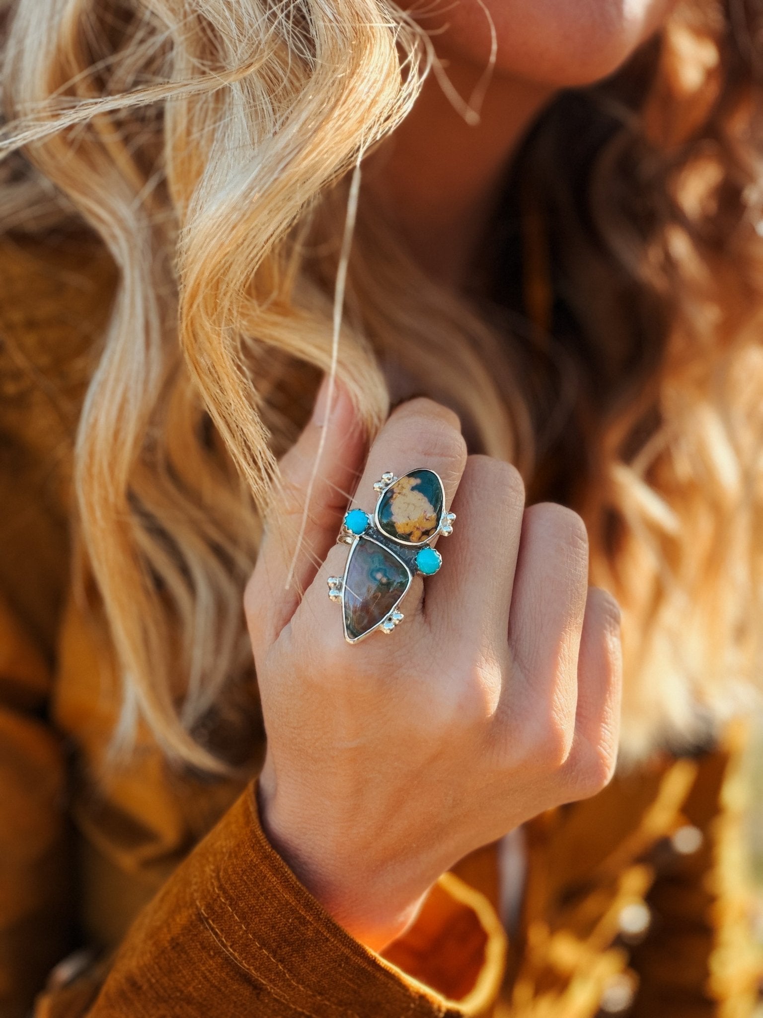 Ocean Jasper & Lone Mtn Turquoise Ring (Size 7.75) - Golden Road Crafted