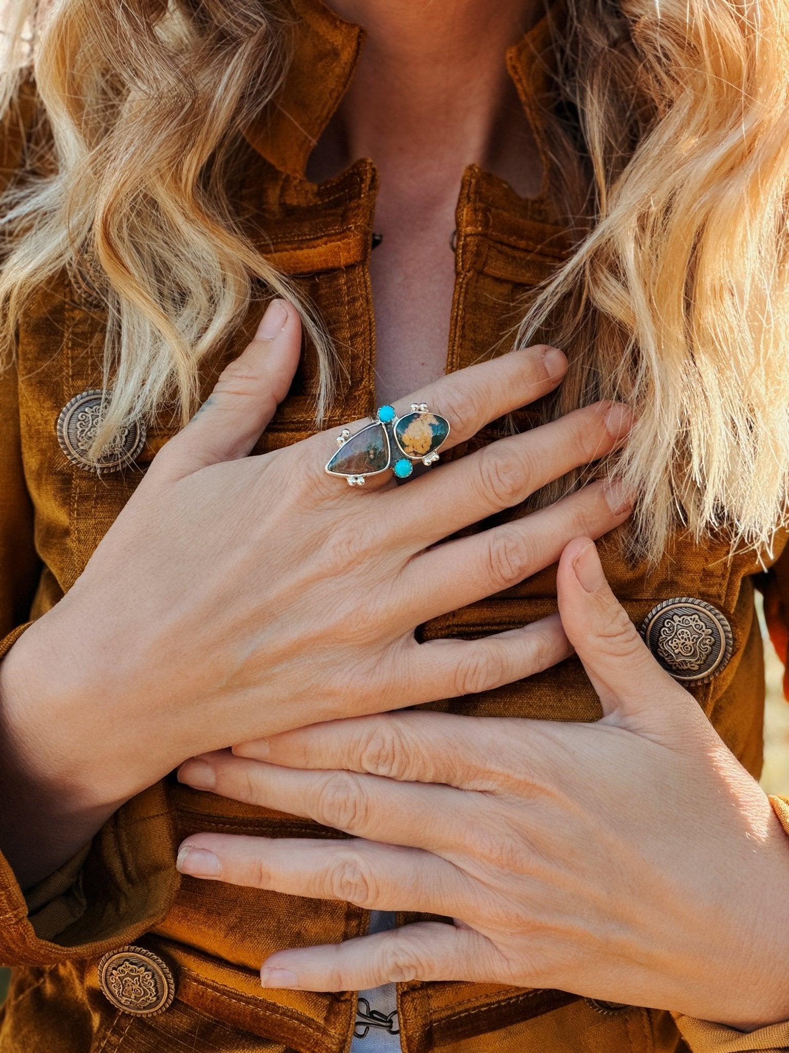 Ocean Jasper & Lone Mtn Turquoise Ring (Size 7.75) - Golden Road Crafted