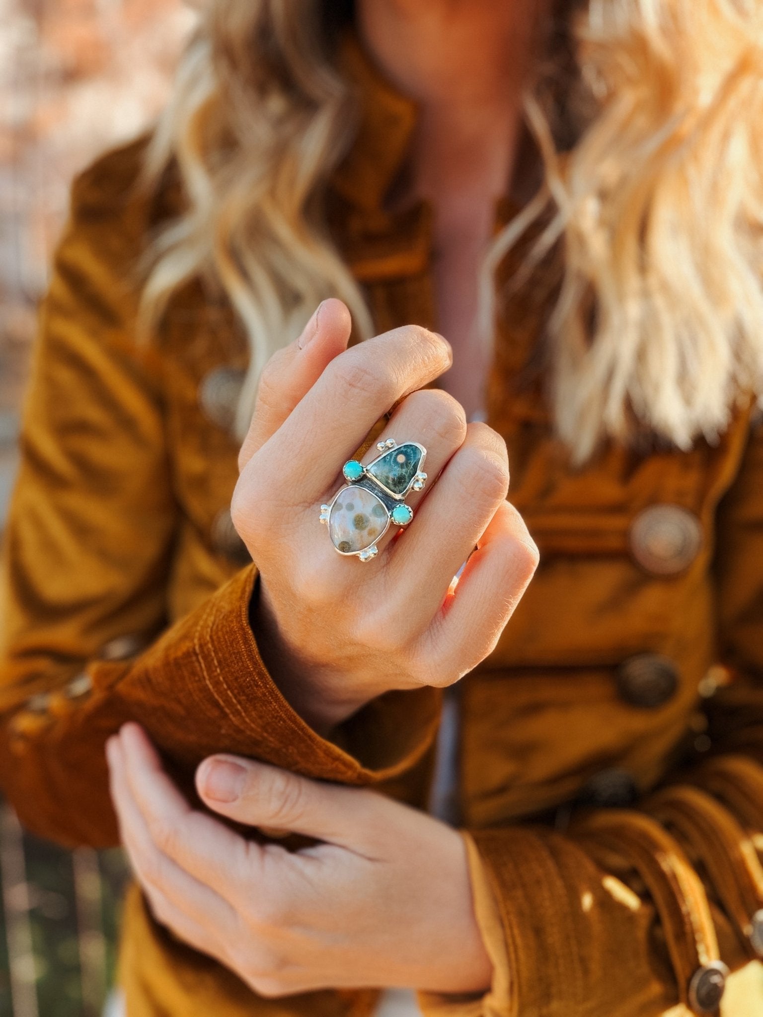 Ocean Jasper & Lone Mtn Turquoise Ring (Size 8) - Golden Road Crafted
