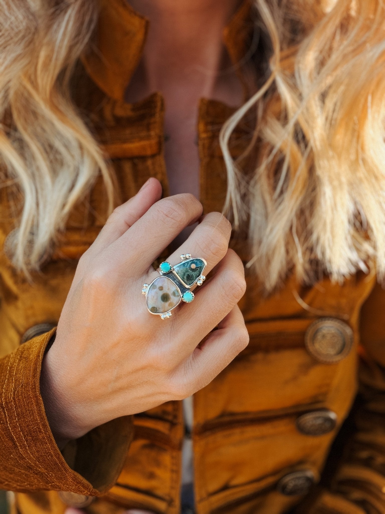 Ocean Jasper & Lone Mtn Turquoise Ring (Size 8) - Golden Road Crafted