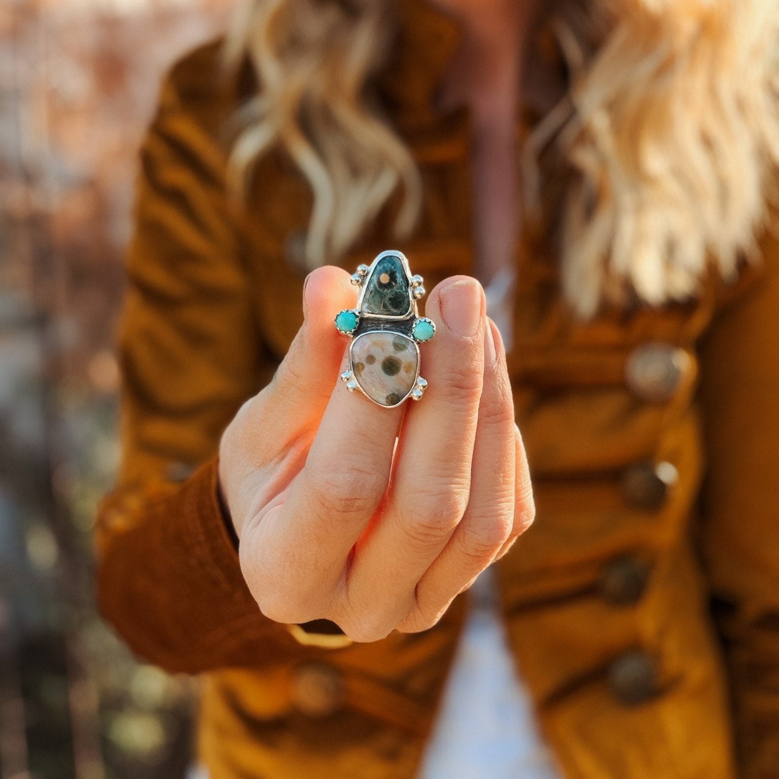 Ocean Jasper & Lone Mtn Turquoise Ring (Size 8) - Golden Road Crafted