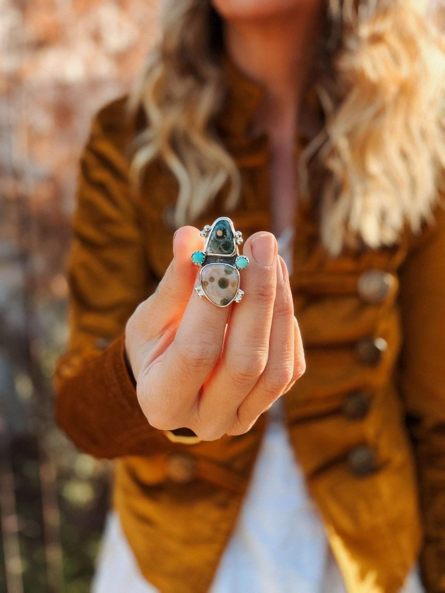 Ocean Jasper & Lone Mtn Turquoise Ring (Size 8) - Golden Road Crafted