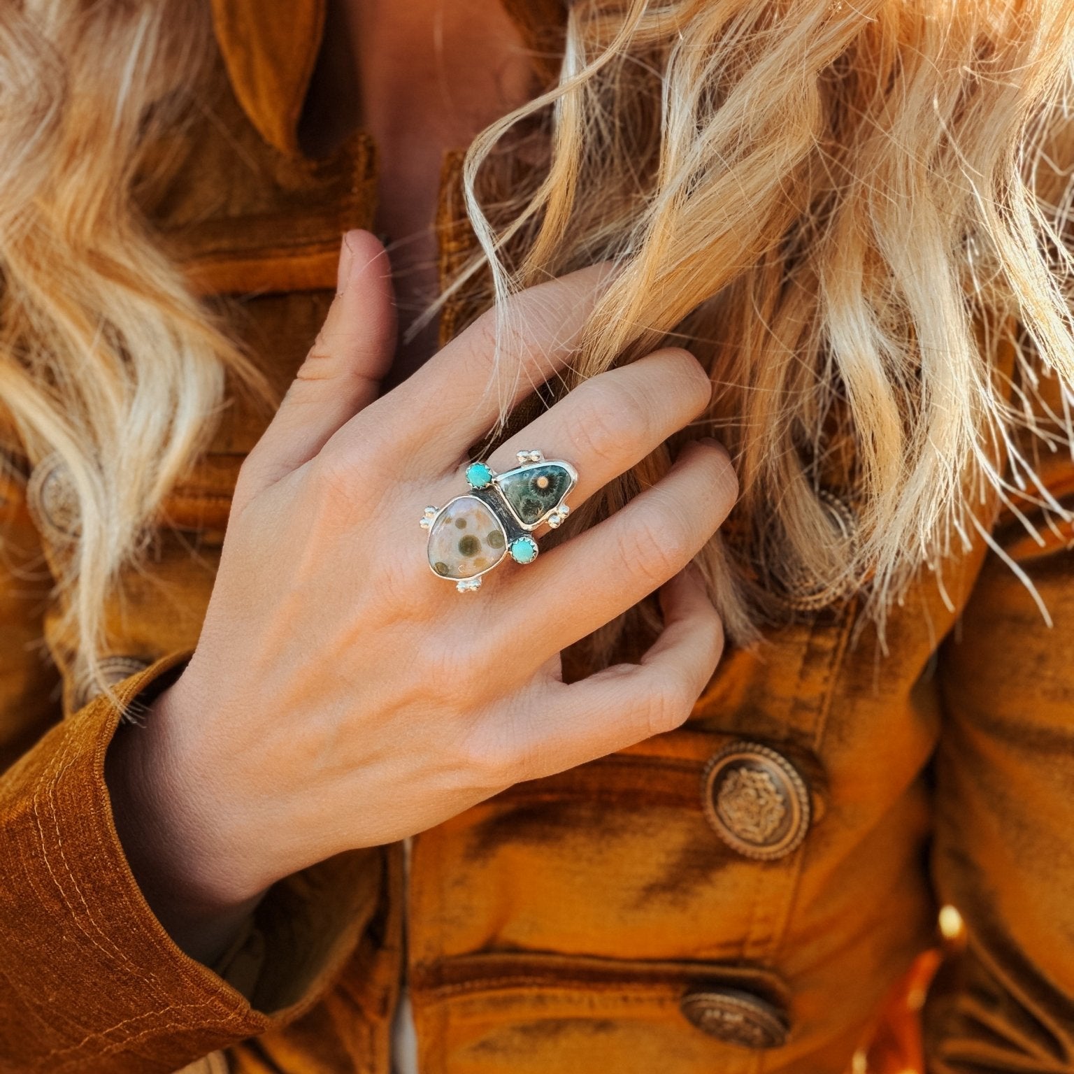 Ocean Jasper & Lone Mtn Turquoise Ring (Size 8) - Golden Road Crafted