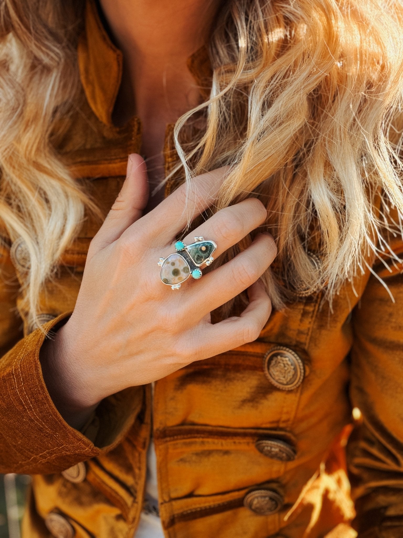 Ocean Jasper & Lone Mtn Turquoise Ring (Size 8) - Golden Road Crafted