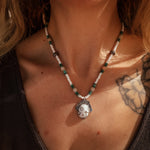 Ocean Jasper Necklace with Peach Aquamarine, Turquoise, Sterling, & Shell Beads - Golden Road Crafted