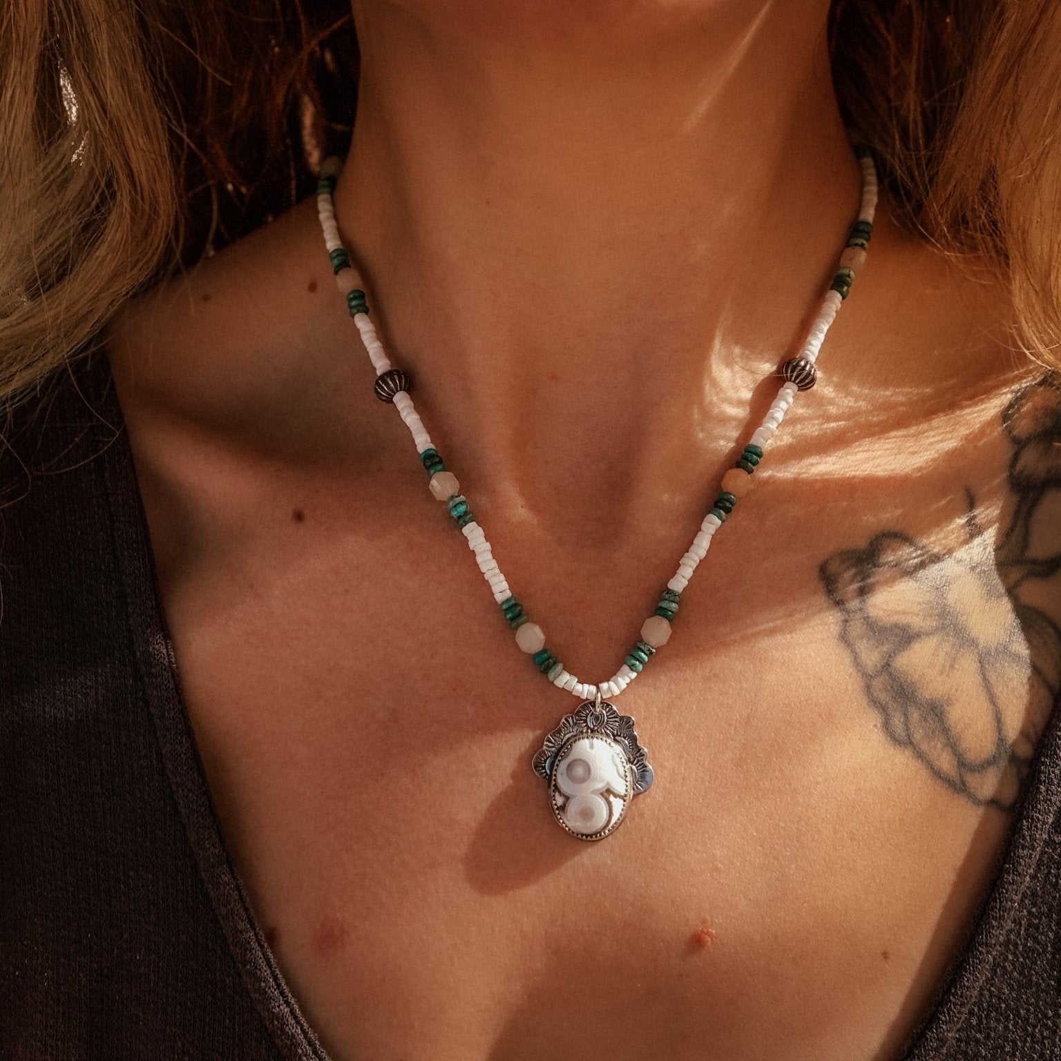 Ocean Jasper Necklace with Peach Aquamarine, Turquoise, Sterling, & Shell Beads - Golden Road Crafted