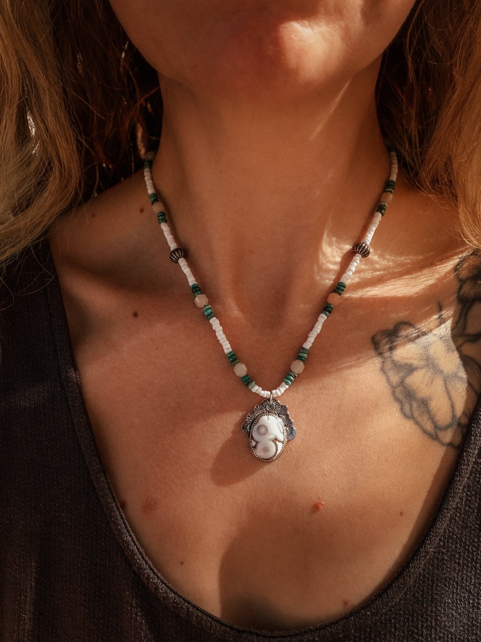 Ocean Jasper Necklace with Peach Aquamarine, Turquoise, Sterling, & Shell Beads - Golden Road Crafted