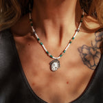 Ocean Jasper Necklace with Peach Aquamarine, Turquoise, Sterling, & Shell Beads - Golden Road Crafted