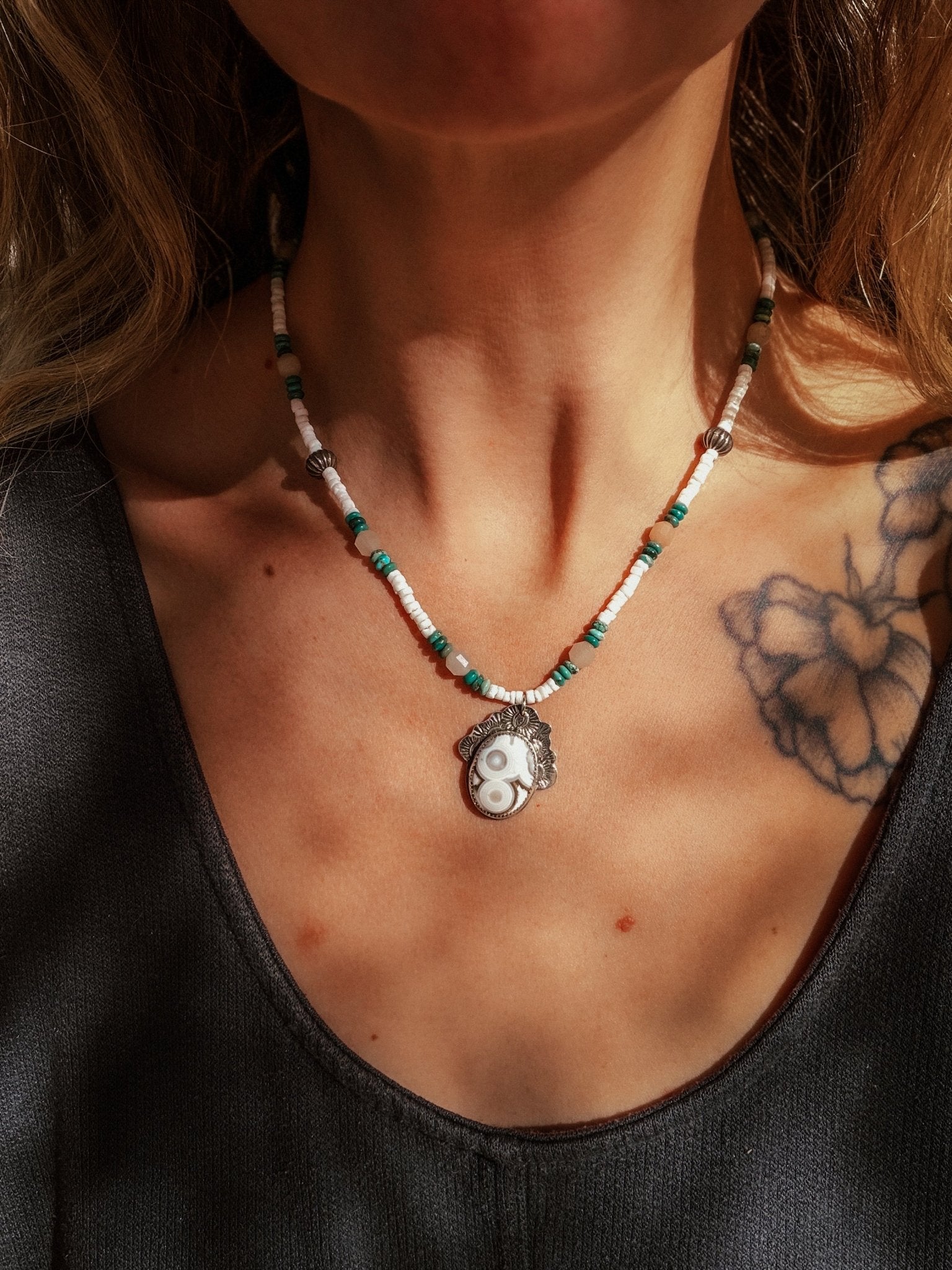 Ocean Jasper Necklace with Peach Aquamarine, Turquoise, Sterling, & Shell Beads - Golden Road Crafted