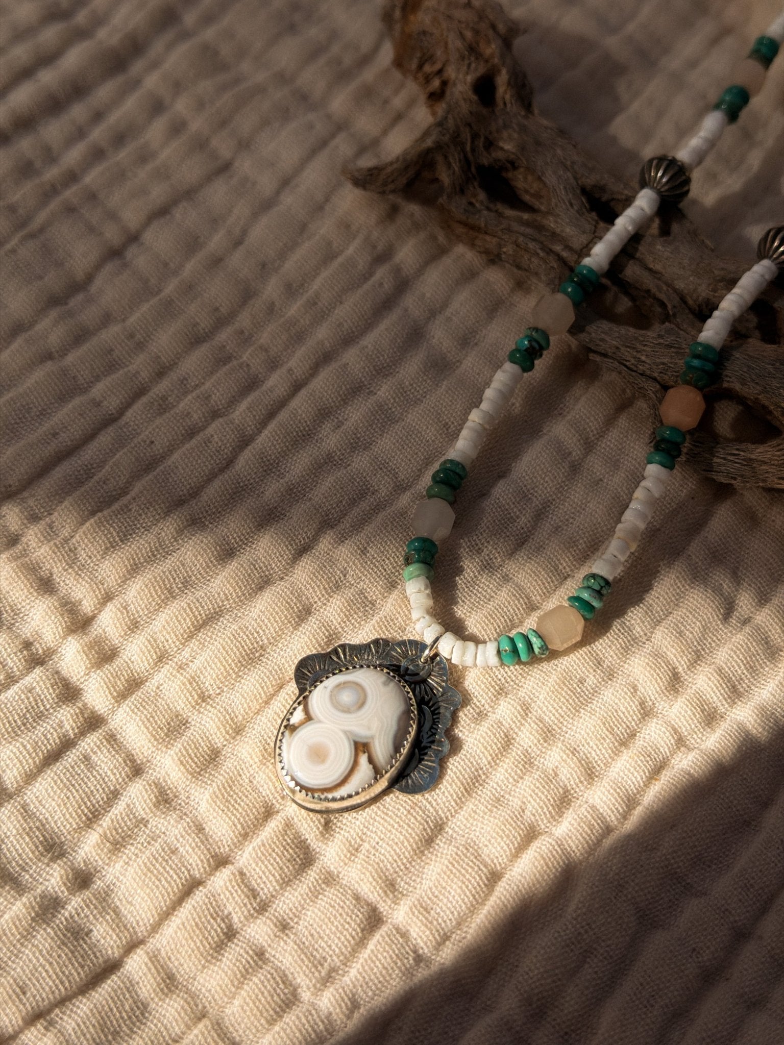 Ocean Jasper Necklace with Peach Aquamarine, Turquoise, Sterling, & Shell Beads - Golden Road Crafted