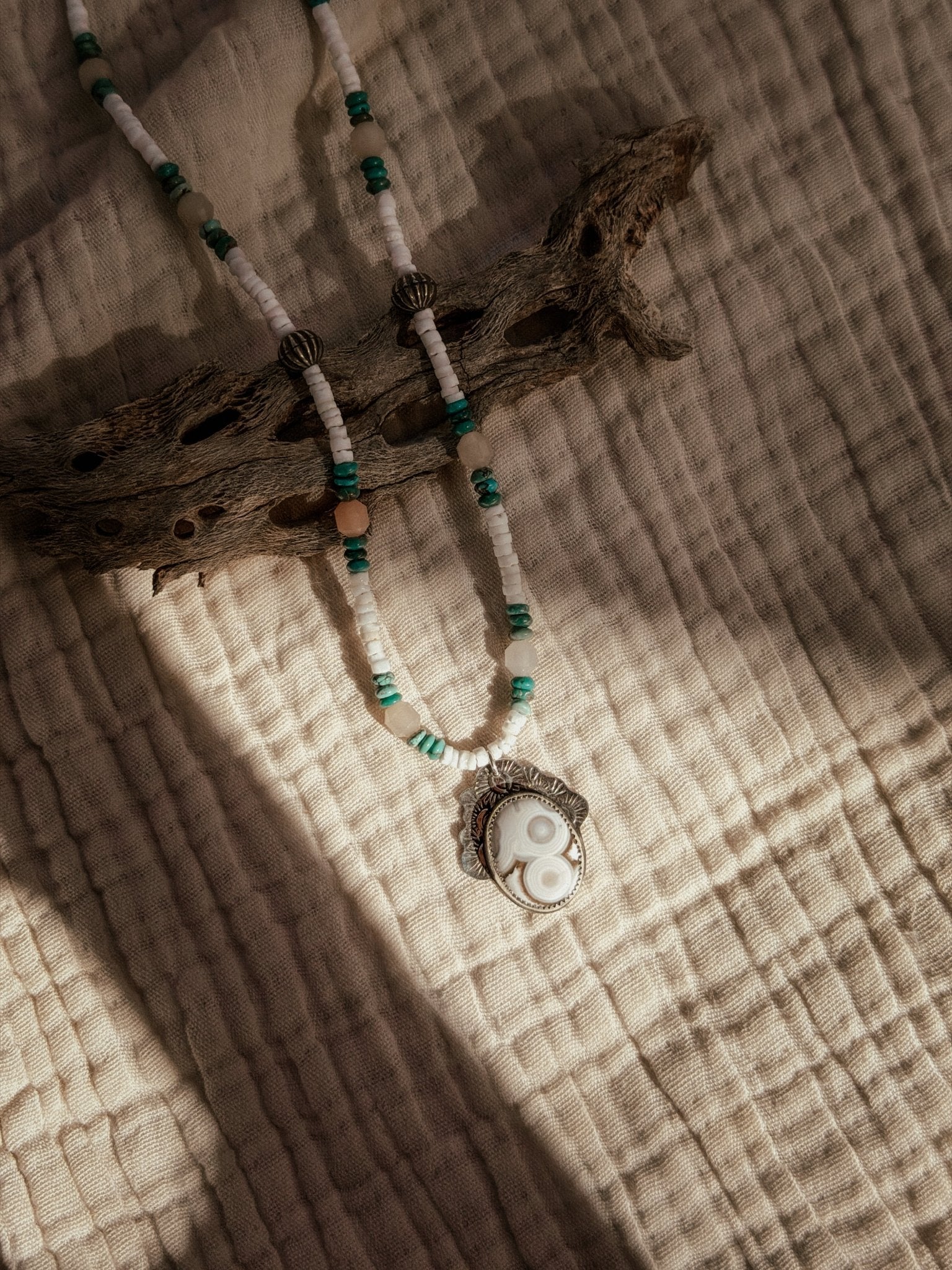 Ocean Jasper Necklace with Peach Aquamarine, Turquoise, Sterling, & Shell Beads - Golden Road Crafted