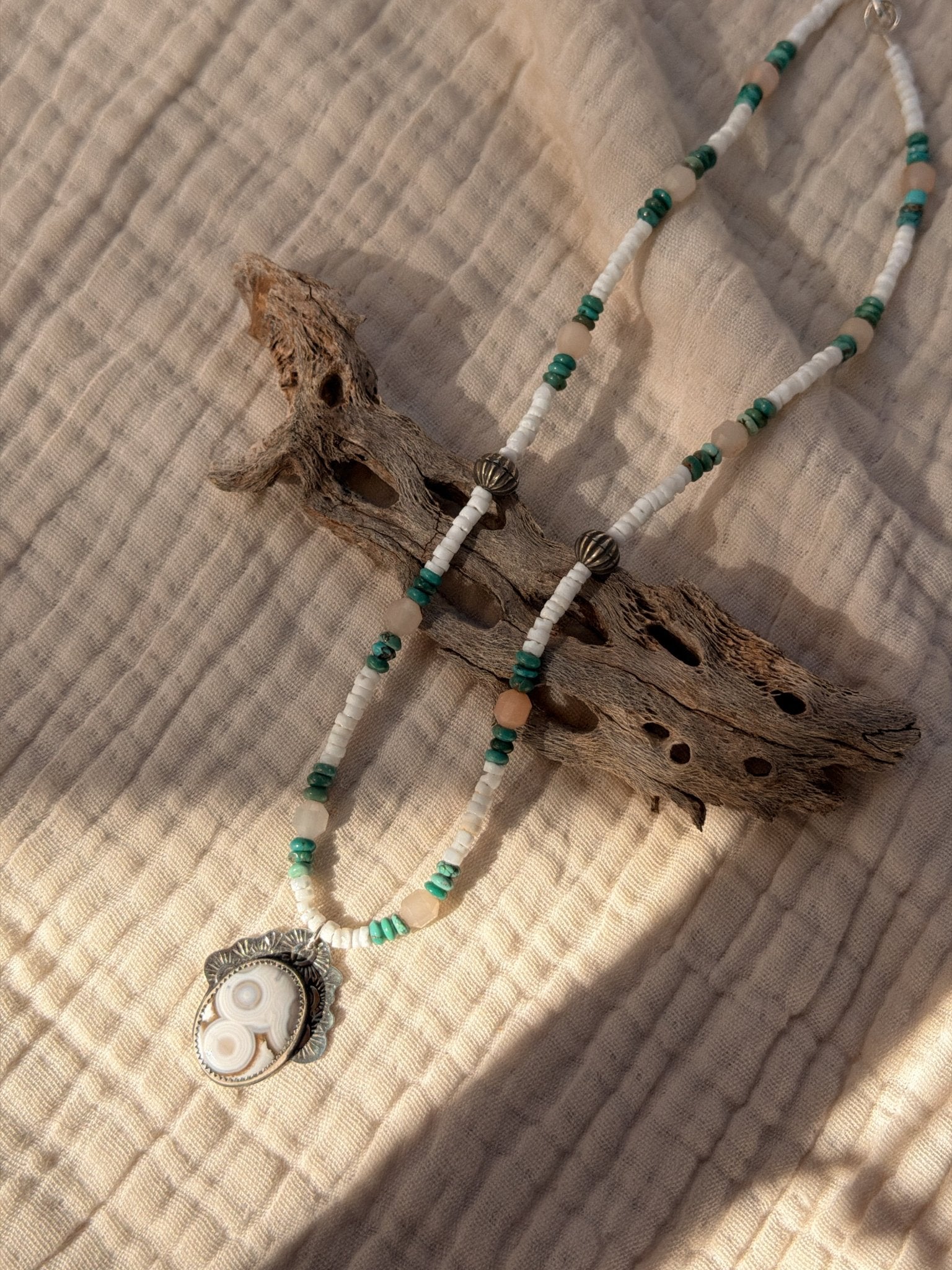 Ocean Jasper Necklace with Peach Aquamarine, Turquoise, Sterling, & Shell Beads - Golden Road Crafted